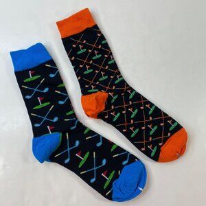 Mens Crew Socks Set 2 Golf Clubs Flags Black Blue Orange Green Red